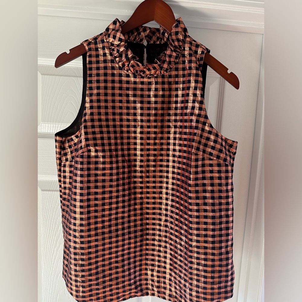 J. Crew Sleeveless Rose Gold and Black Gingham Ruffle Top Size Small